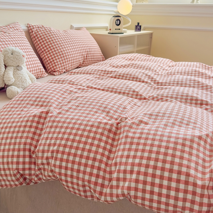 91家纺网 家纺一手货源 找家纺 菡宝 【不断货 预留5公分缩水】a类母婴级纯棉全棉色织水洗棉四件套 支持定制定做尺寸 橘红小格