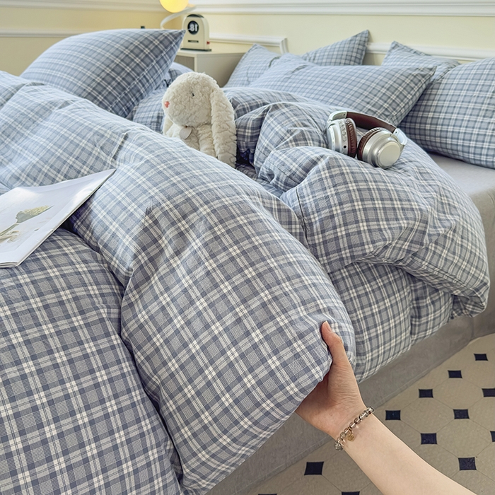 91家纺网 家纺一手货源 找家纺 菡宝 【不断货 预留5公分缩水】a类母婴级纯棉全棉色织水洗棉四件套 支持定制定做尺寸 蓝格调