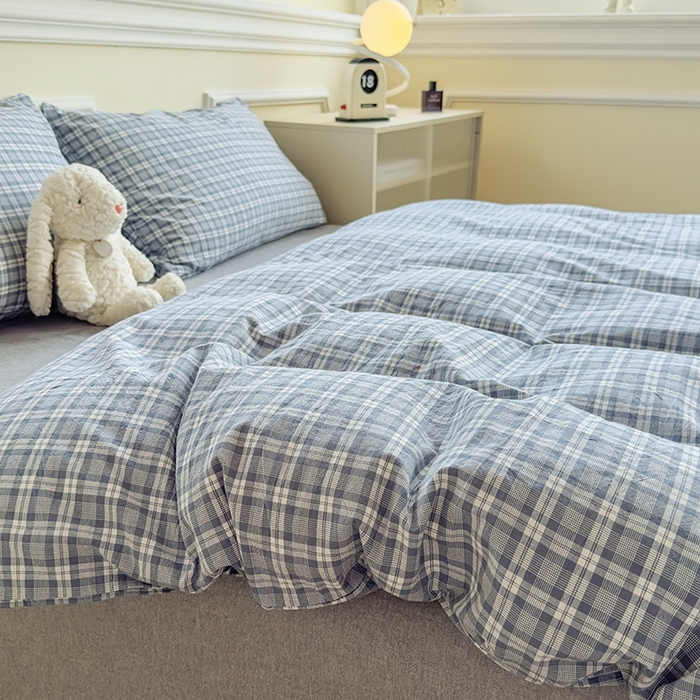 91家纺网 家纺一手货源 找家纺 菡宝 【不断货 预留5公分缩水】a类母婴级纯棉全棉色织水洗棉四件套 支持定制定做尺寸 蓝格调