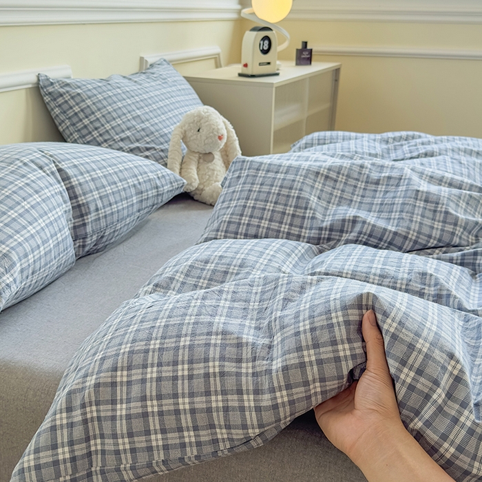 91家纺网 家纺一手货源 找家纺 菡宝 【不断货 预留5公分缩水】a类母婴级纯棉全棉色织水洗棉四件套 支持定制定做尺寸 蓝格调