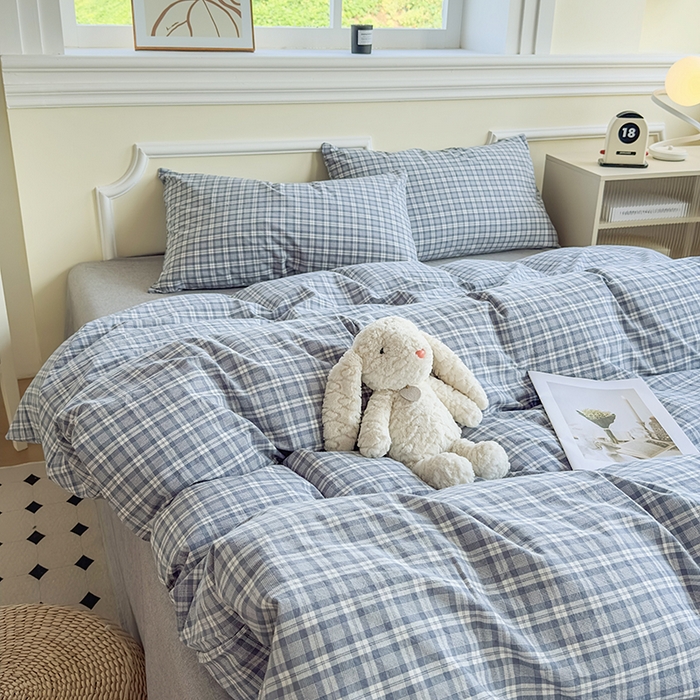 91家纺网 家纺一手货源 找家纺 菡宝 【不断货 预留5公分缩水】a类母婴级纯棉全棉色织水洗棉四件套 支持定制定做尺寸 蓝格调