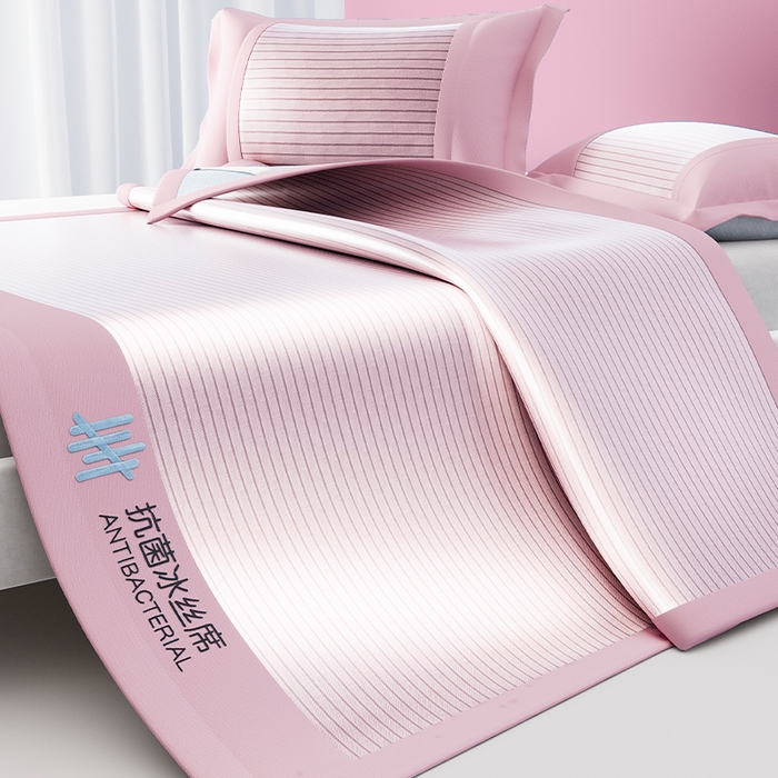 91家纺网 家纺一手货源 找家纺 莱家富 2025新款抗菌条纹凉席冰丝席 抗菌冰凉-凉茶粉床笠