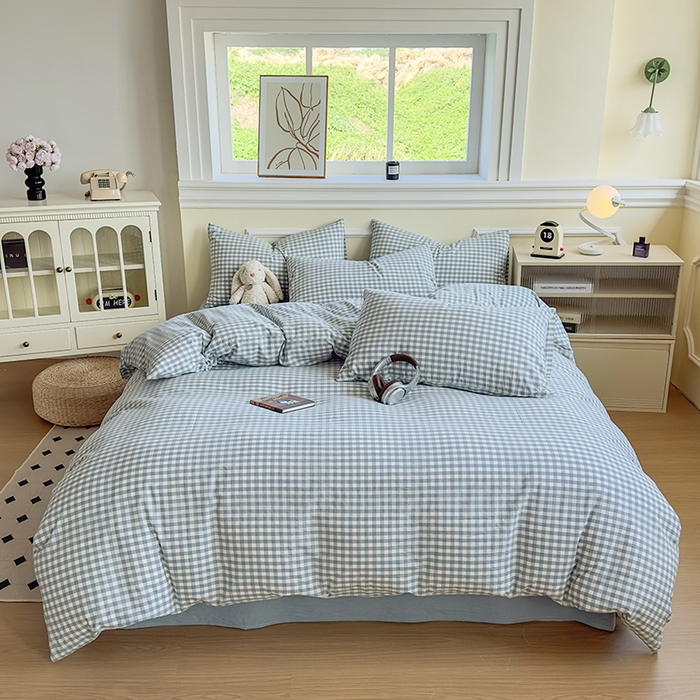 91家纺网 家纺一手货源 找家纺 菡宝 【不断货 预留5公分缩水】a类母婴级纯棉全棉色织水洗棉四件套 支持定制定做尺寸 蓝小格