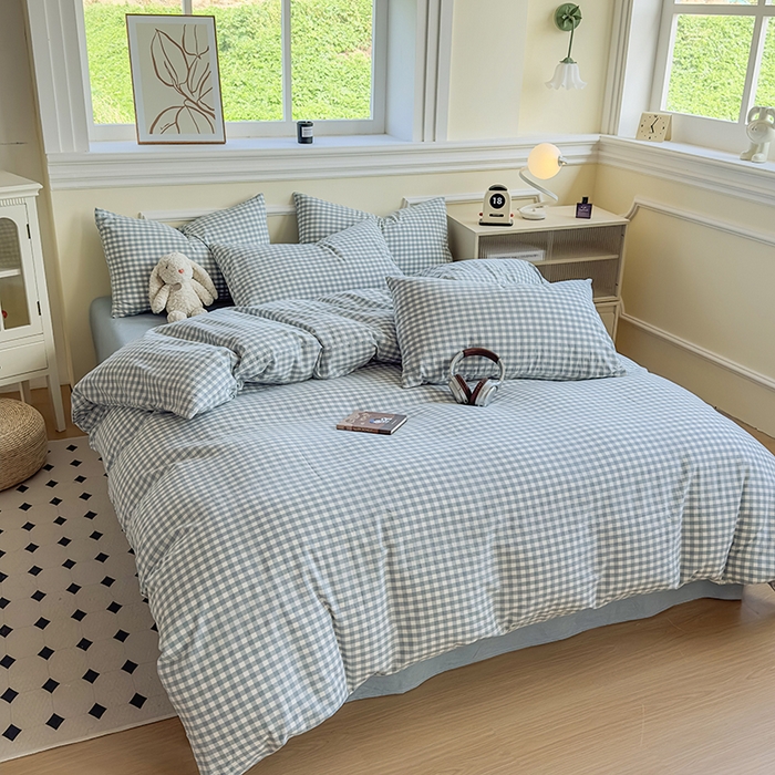 91家纺网 家纺一手货源 找家纺 菡宝 【不断货 预留5公分缩水】a类母婴级纯棉全棉色织水洗棉四件套 支持定制定做尺寸 蓝小格