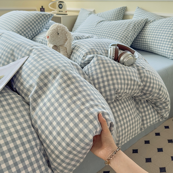 91家纺网 家纺一手货源 找家纺 菡宝 【不断货 预留5公分缩水】a类母婴级纯棉全棉色织水洗棉四件套 支持定制定做尺寸 蓝小格