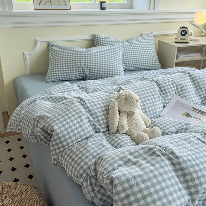 91家纺网 家纺一手货源 找家纺 菡宝 【不断货 预留5公分缩水】a类母婴级纯棉全棉色织水洗棉四件套 支持定制定做尺寸 蓝小格