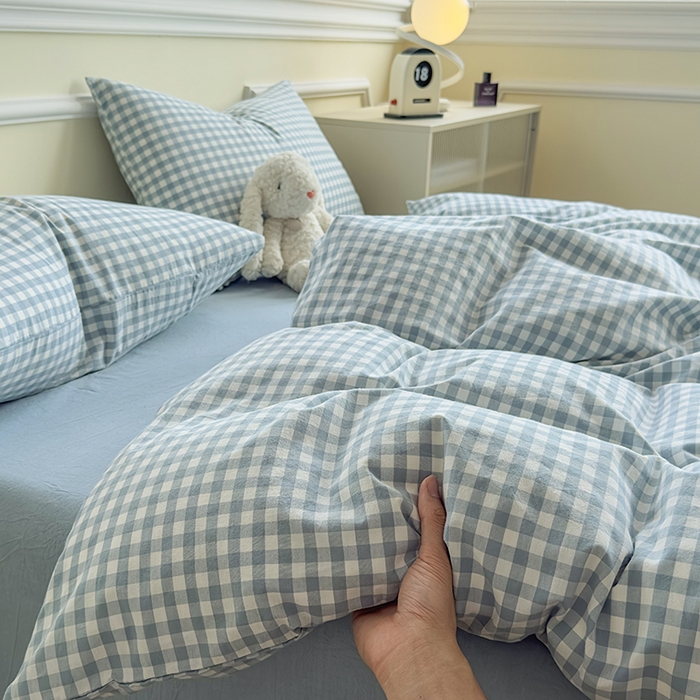 91家纺网 家纺一手货源 找家纺 菡宝 【不断货 预留5公分缩水】a类母婴级纯棉全棉色织水洗棉四件套 支持定制定做尺寸 蓝小格