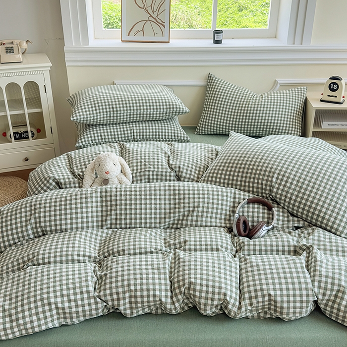 91家纺网 家纺一手货源 找家纺 菡宝 【不断货 预留5公分缩水】a类母婴级纯棉全棉色织水洗棉四件套 支持定制定做尺寸 绿小格