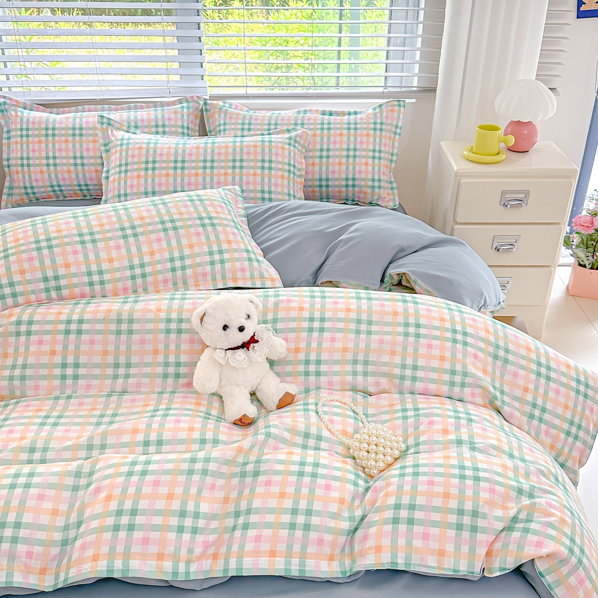 91家纺网 家纺一手货源 找家纺 楠沐家纺 2025新款无印风亲肤柔软芦荟棉磨毛单被套 冰淇淋格