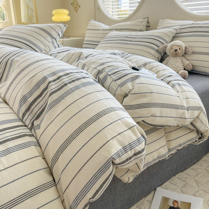 菡宝 【不断货 预留5公分缩水】a类母婴级纯棉全棉色织水洗棉四件套 支持定制定做尺寸 漫幽-灰条蓝