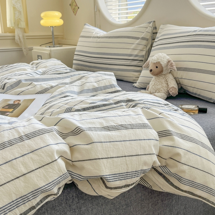 91家纺网 家纺一手货源 找家纺 菡宝 【不断货 预留5公分缩水】a类母婴级纯棉全棉色织水洗棉四件套 支持定制定做尺寸 漫幽-灰条蓝