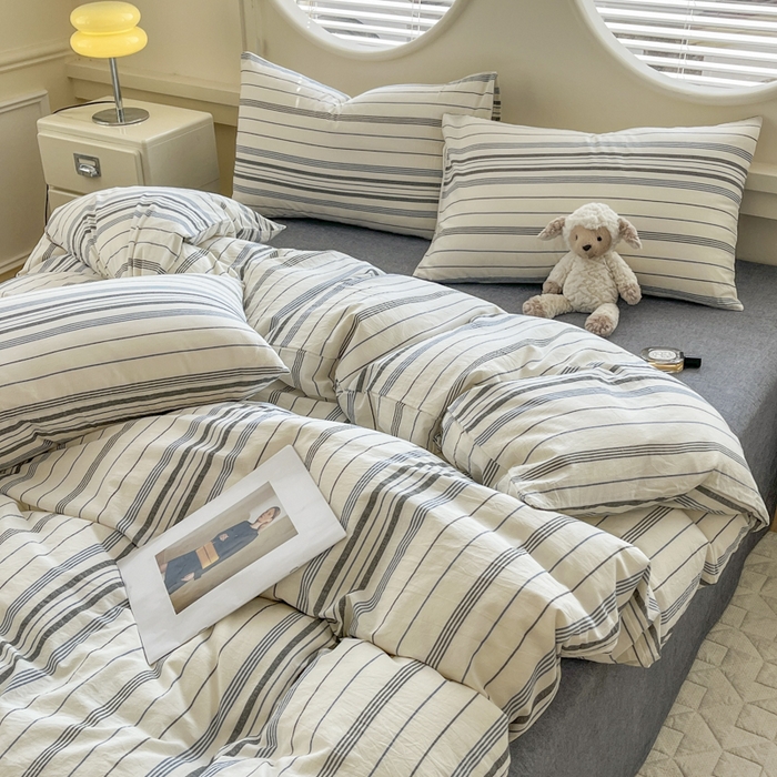 91家纺网 家纺一手货源 找家纺 菡宝 【不断货 预留5公分缩水】a类母婴级纯棉全棉色织水洗棉四件套 支持定制定做尺寸 漫幽-灰条蓝