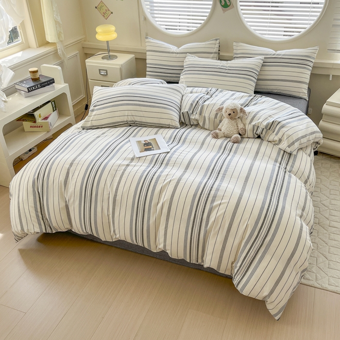 91家纺网 家纺一手货源 找家纺 菡宝 【不断货 预留5公分缩水】a类母婴级纯棉全棉色织水洗棉四件套 支持定制定做尺寸 漫幽-灰条蓝