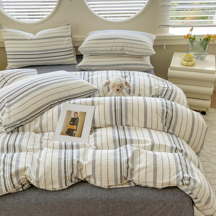 91家纺网 家纺一手货源 找家纺 菡宝 【不断货 预留5公分缩水】a类母婴级纯棉全棉色织水洗棉四件套 支持定制定做尺寸 漫幽-灰条蓝