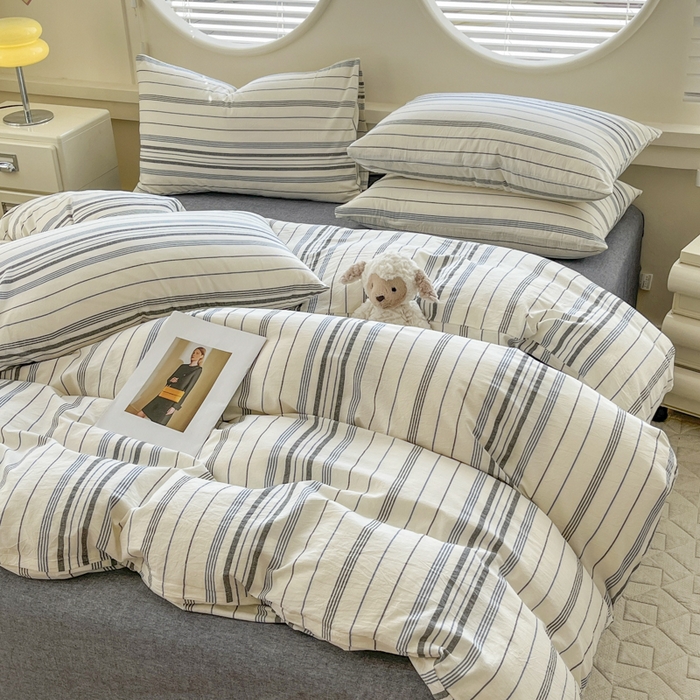 91家纺网 家纺一手货源 找家纺 菡宝 【不断货 预留5公分缩水】a类母婴级纯棉全棉色织水洗棉四件套 支持定制定做尺寸 漫幽-灰条蓝