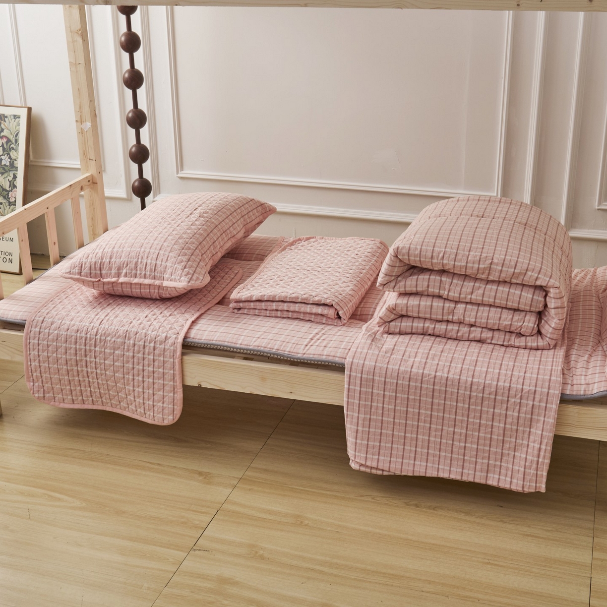 上喜 2025新款学生款全棉水洗棉床盖款三件套，五件套 粉大格