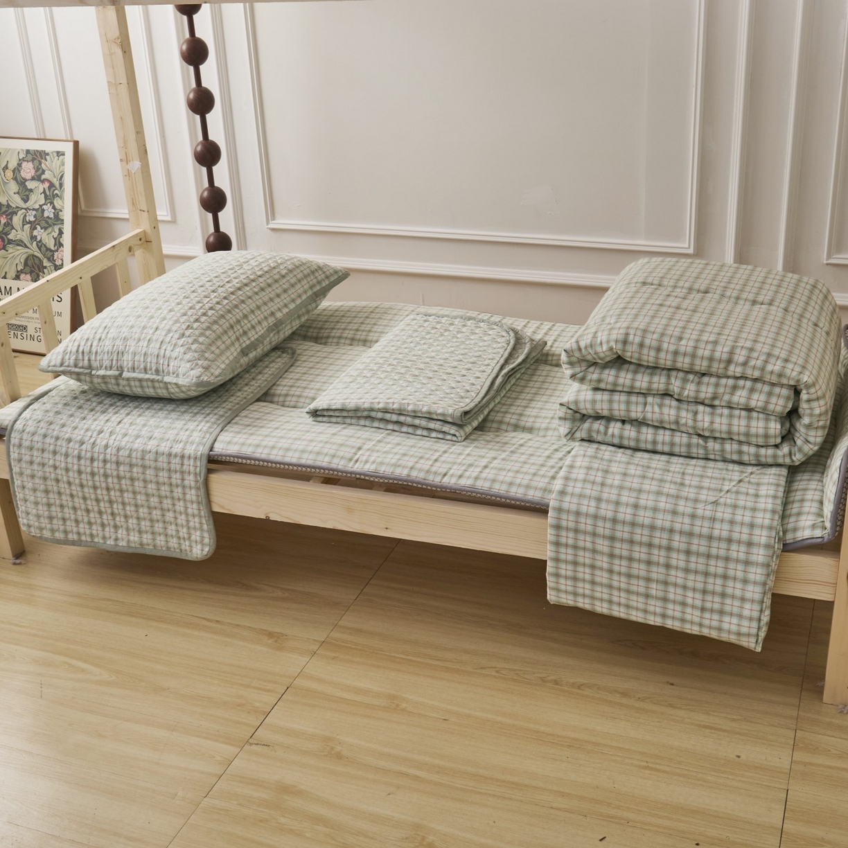 上喜 2025新款学生款全棉水洗棉床盖款三件套，五件套 绿大格