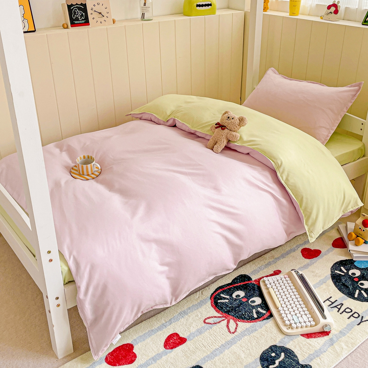 楠沐家纺 2025新款芦荟棉印花学生宿舍上下铺四件套三件套 奶粉色泡泡绿