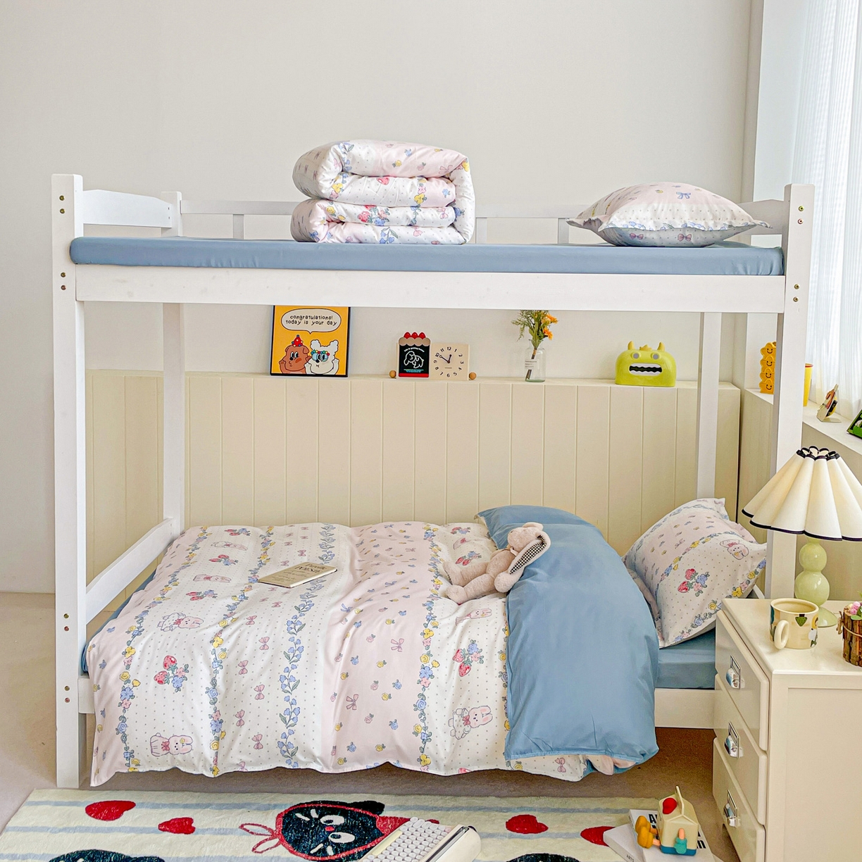 91家纺网 家纺一手货源 找家纺 楠沐家纺 2025新款芦荟棉印花学生宿舍上下铺四件套三件套 田园小兔