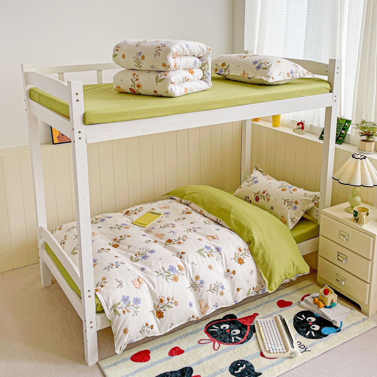 91家纺网 家纺一手货源 找家纺 楠沐家纺 2025新款芦荟棉印花学生宿舍上下铺四件套三件套 花丛兔