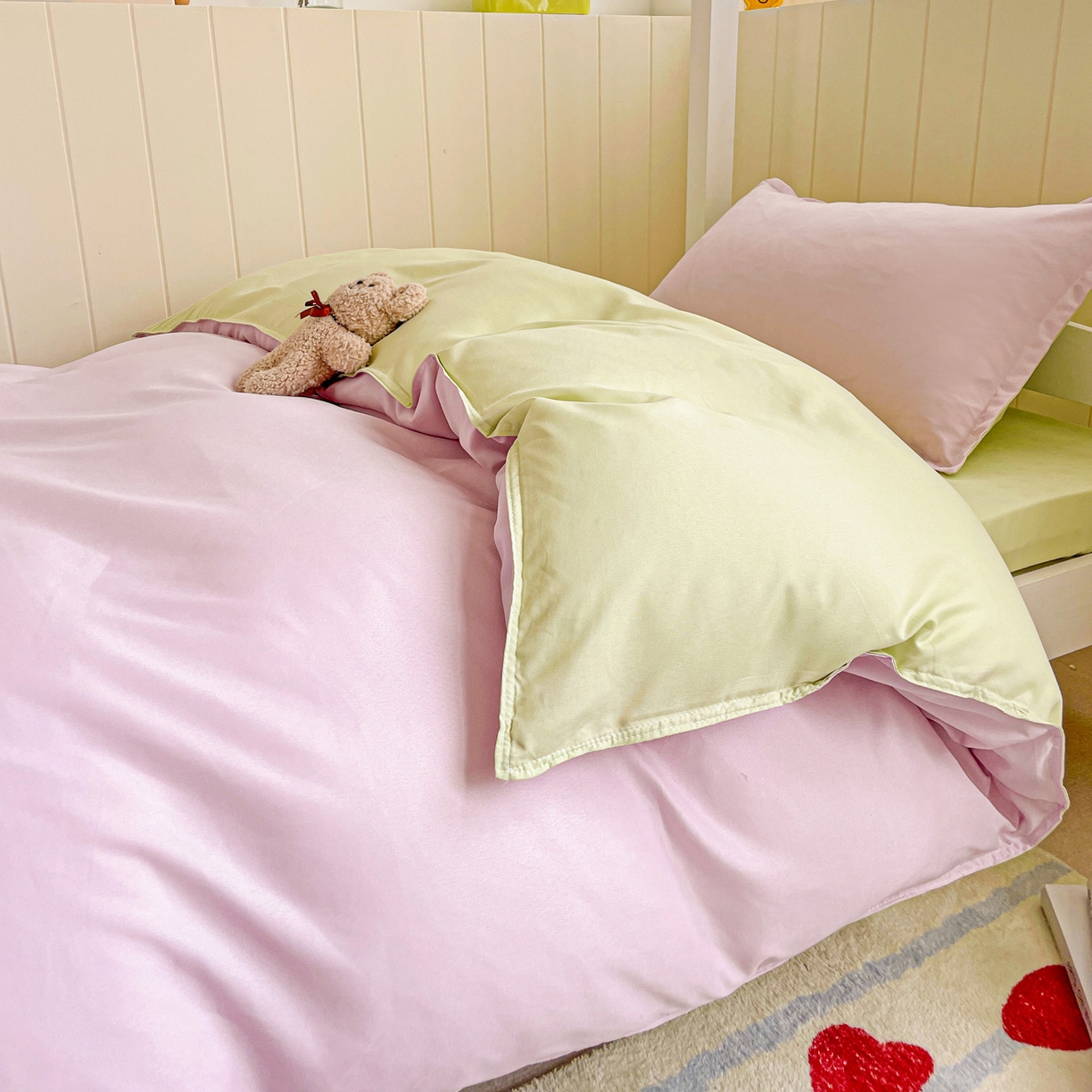 91家纺网 家纺一手货源 找家纺 楠沐家纺 2025新款芦荟棉印花学生宿舍上下铺四件套三件套 奶粉色泡泡绿