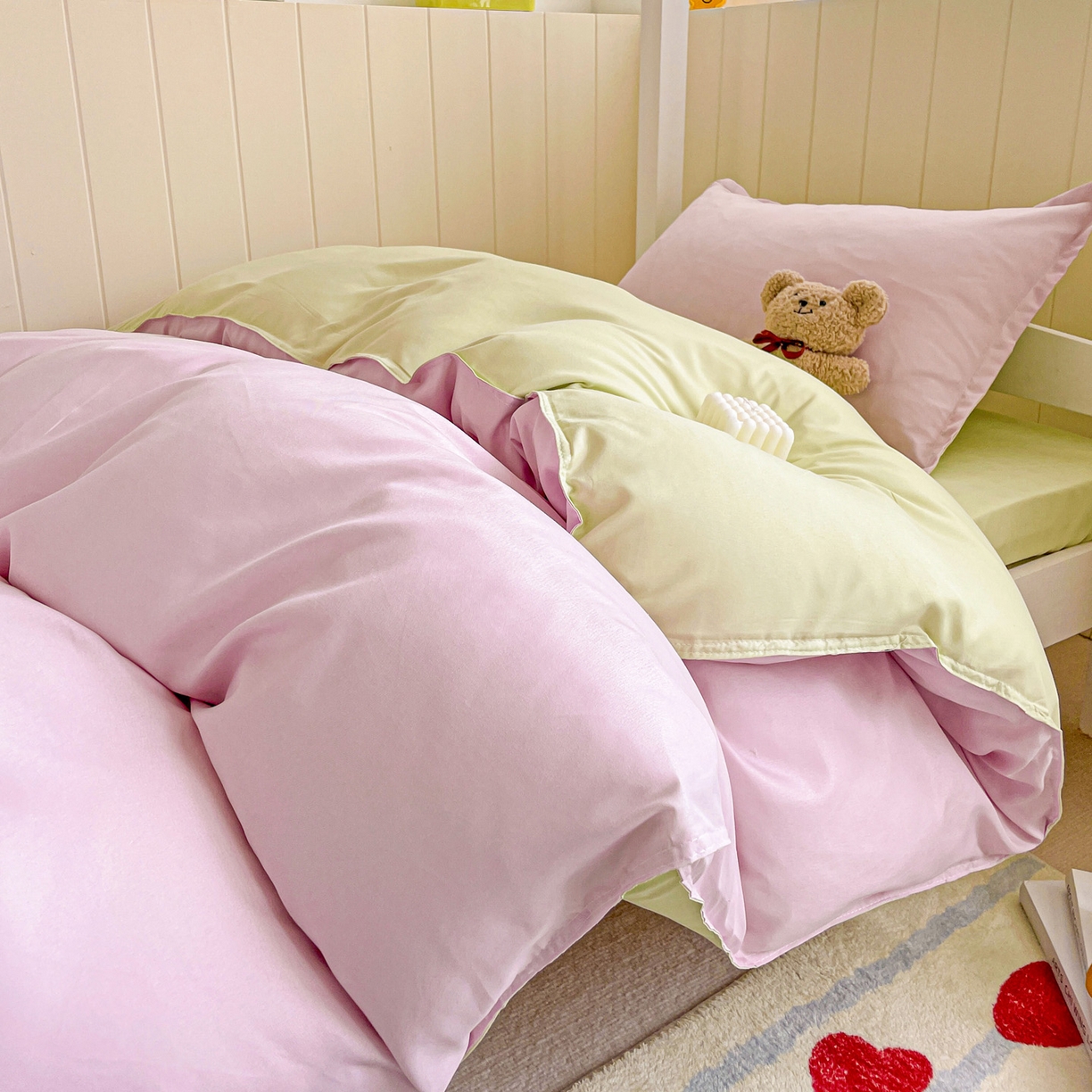 91家纺网 家纺一手货源 找家纺 楠沐家纺 2025新款芦荟棉印花学生宿舍上下铺四件套三件套 奶粉色泡泡绿