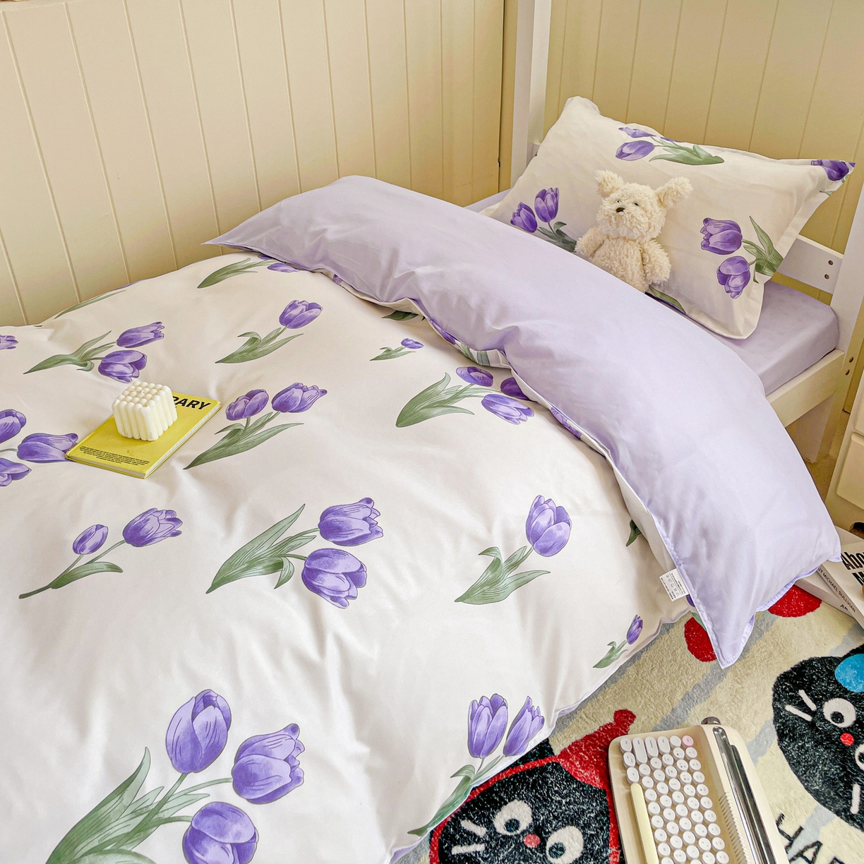 91家纺网 家纺一手货源 找家纺 楠沐家纺 2025新款芦荟棉印花学生宿舍上下铺四件套三件套 紫悦