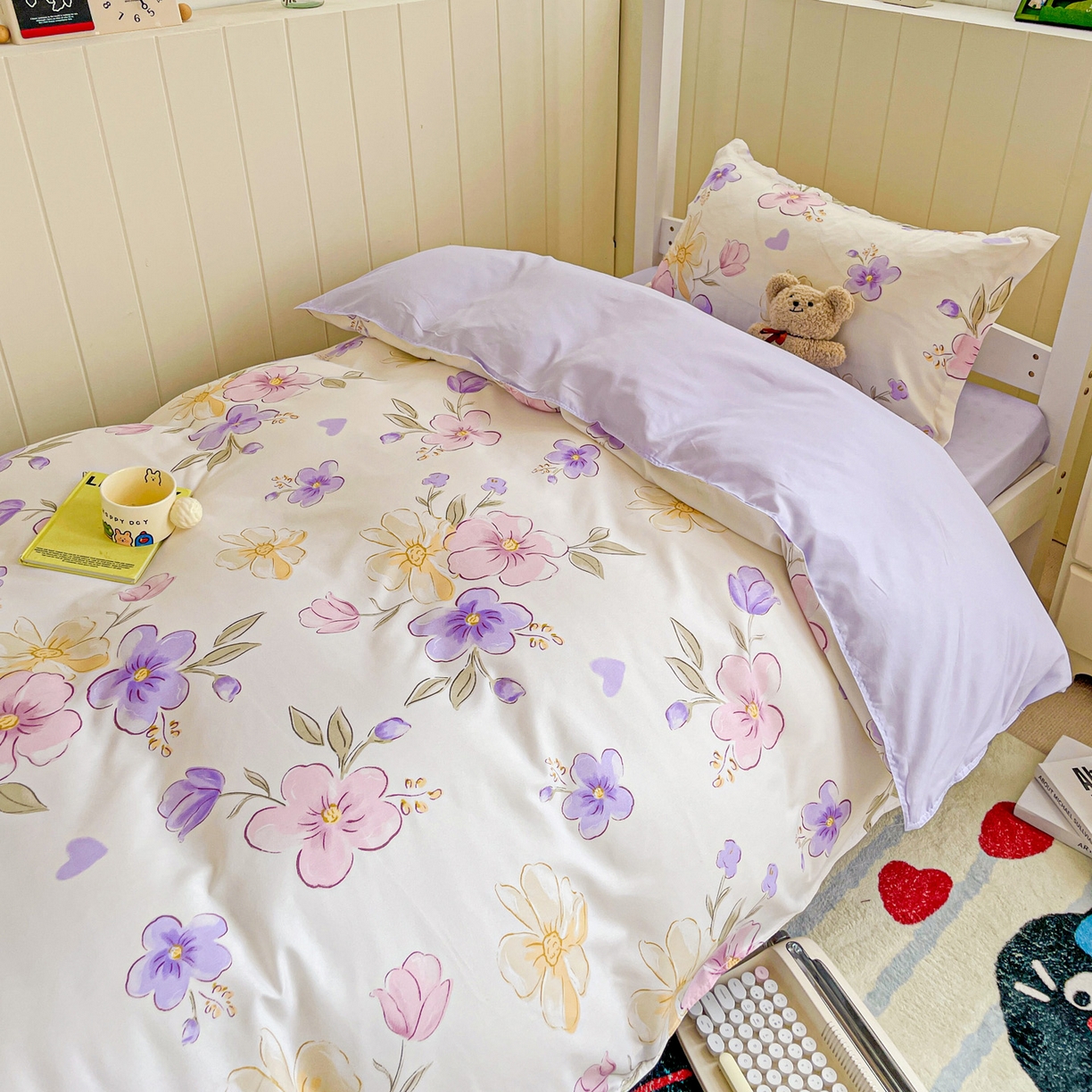 91家纺网 家纺一手货源 找家纺 楠沐家纺 2025新款芦荟棉印花学生宿舍上下铺四件套三件套 春田花卉