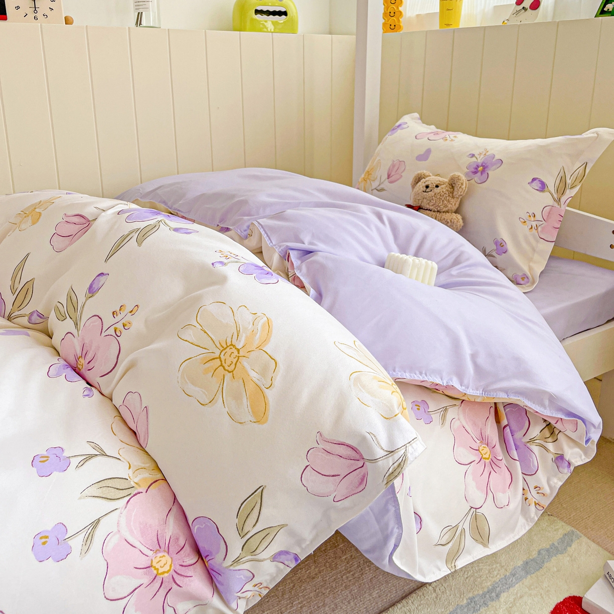 91家纺网 家纺一手货源 找家纺 楠沐家纺 2025新款芦荟棉印花学生宿舍上下铺四件套三件套 春田花卉