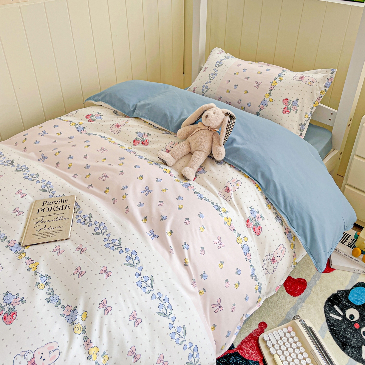 91家纺网 家纺一手货源 找家纺 楠沐家纺 2025新款芦荟棉印花学生宿舍上下铺四件套三件套 田园小兔