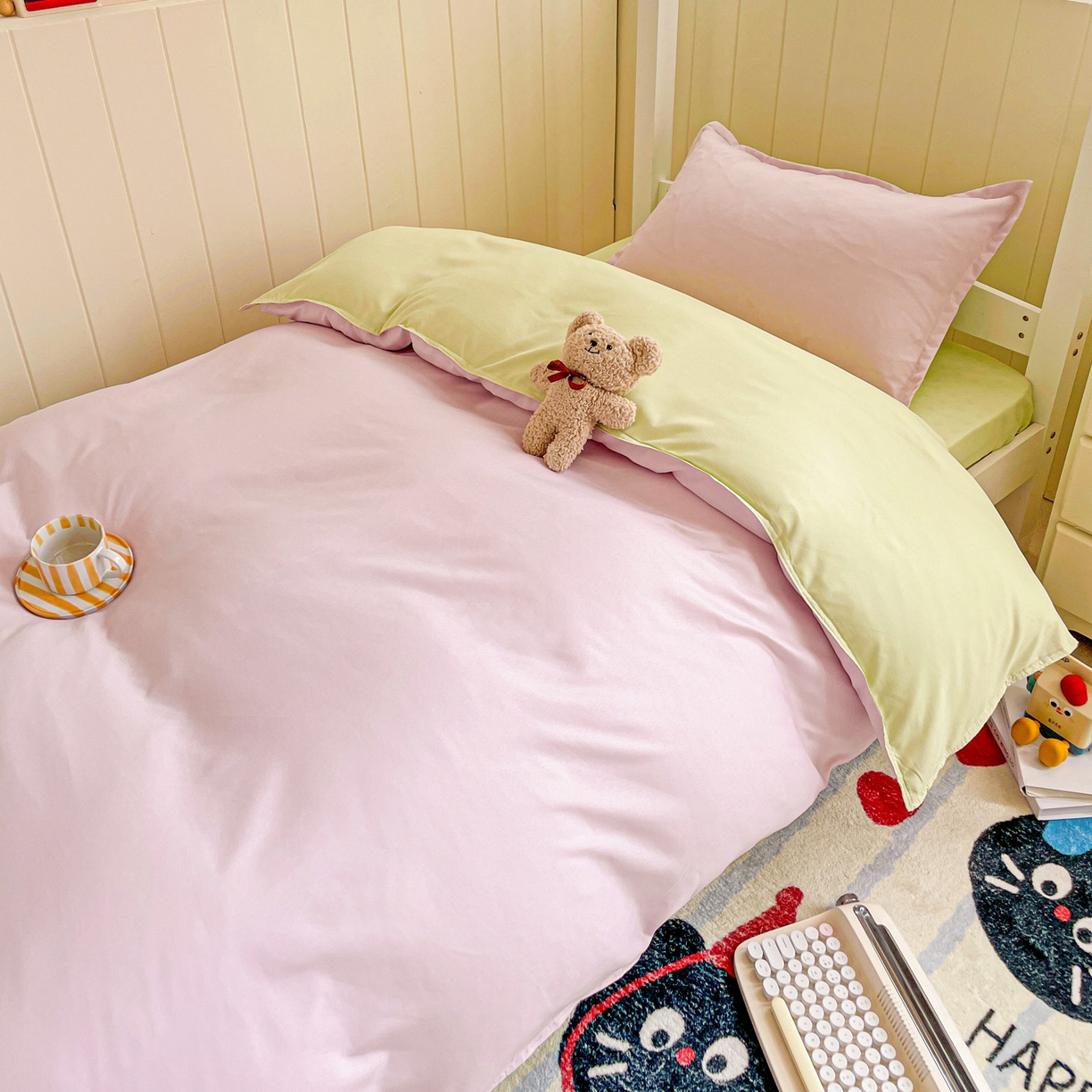 91家纺网 家纺一手货源 找家纺 楠沐家纺 2025新款芦荟棉印花学生宿舍上下铺四件套三件套 奶粉色泡泡绿