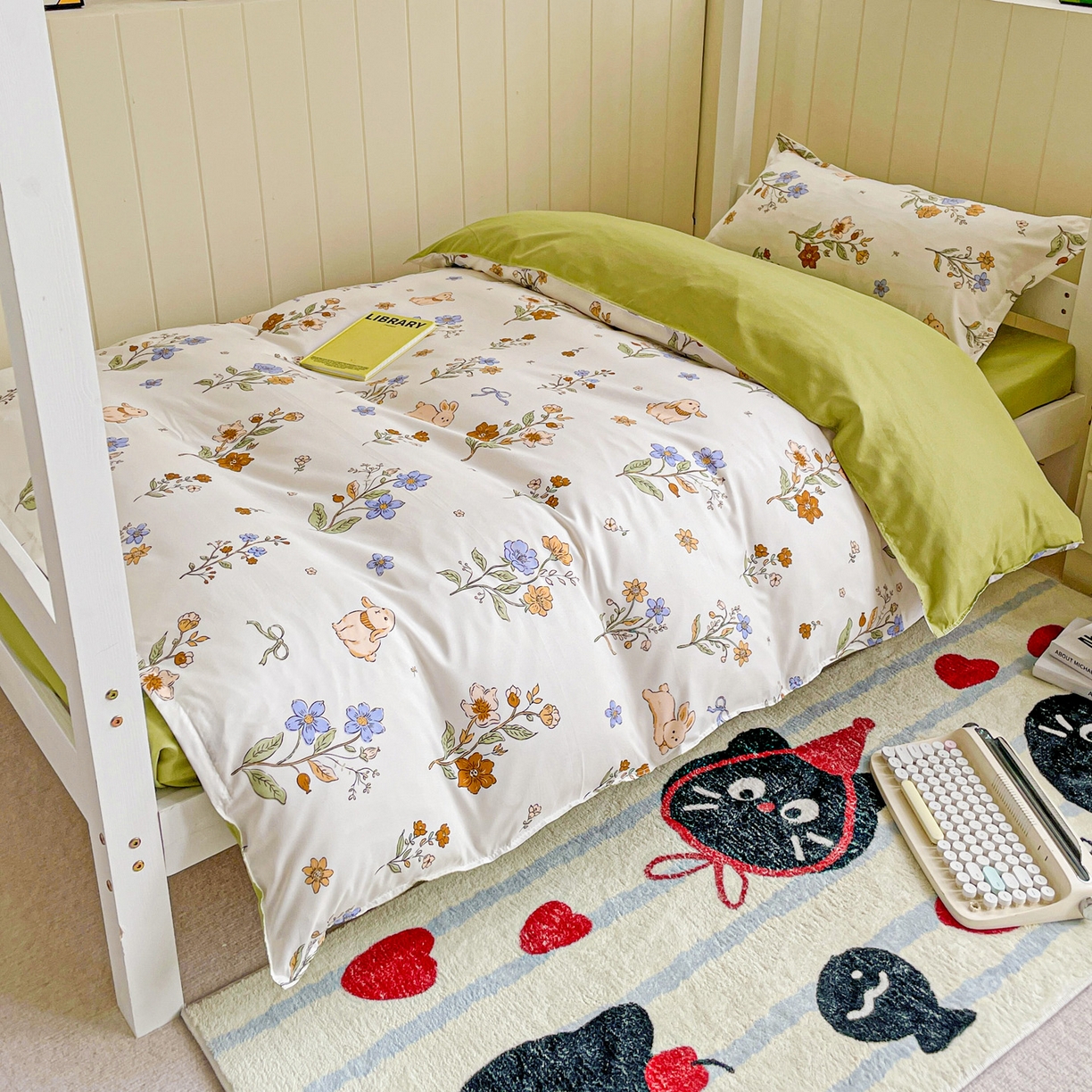 91家纺网 家纺一手货源 找家纺 楠沐家纺 2025新款芦荟棉印花学生宿舍上下铺四件套三件套 花丛兔