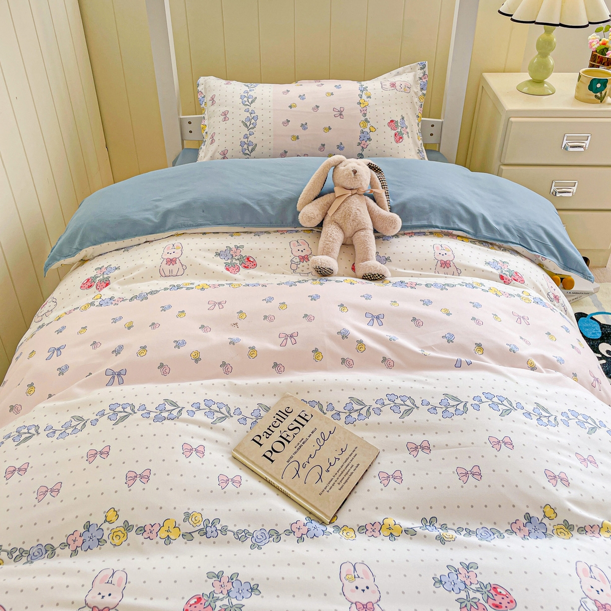 91家纺网 家纺一手货源 找家纺 楠沐家纺 2025新款芦荟棉印花学生宿舍上下铺四件套三件套 田园小兔