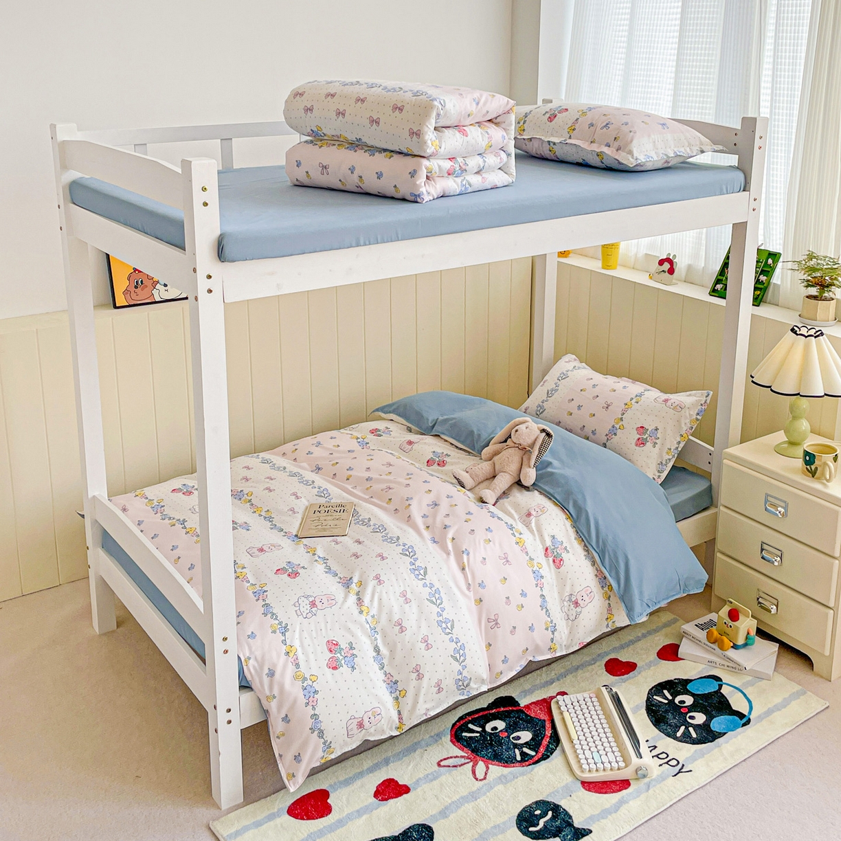 91家纺网 家纺一手货源 找家纺 楠沐家纺 2025新款芦荟棉印花学生宿舍上下铺四件套三件套 田园小兔