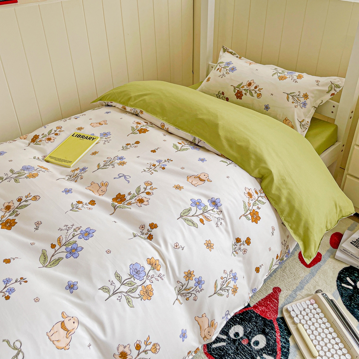 91家纺网 家纺一手货源 找家纺 楠沐家纺 2025新款芦荟棉印花学生宿舍上下铺四件套三件套 花丛兔