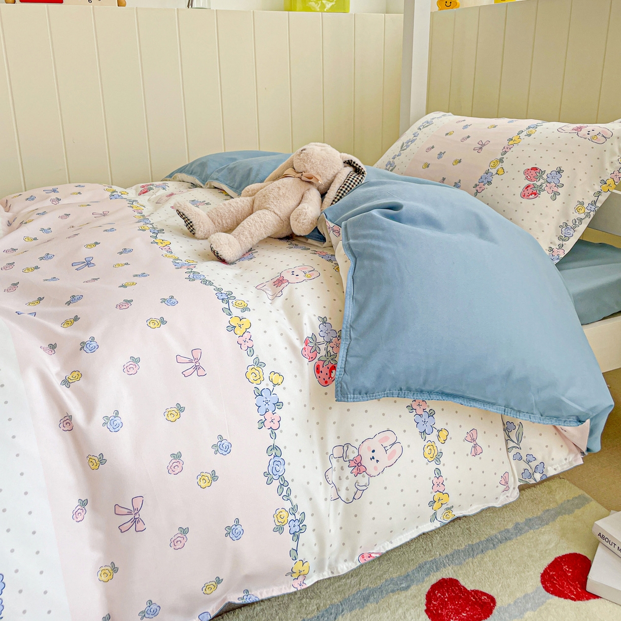 91家纺网 家纺一手货源 找家纺 楠沐家纺 2025新款芦荟棉印花学生宿舍上下铺四件套三件套 田园小兔