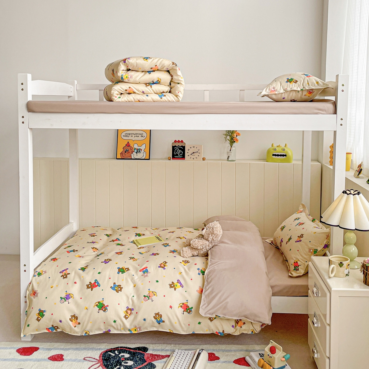 91家纺网 家纺一手货源 找家纺 楠沐家纺 2026新款芦荟棉印花学生宿舍上下铺四件套三件套 滑板小熊