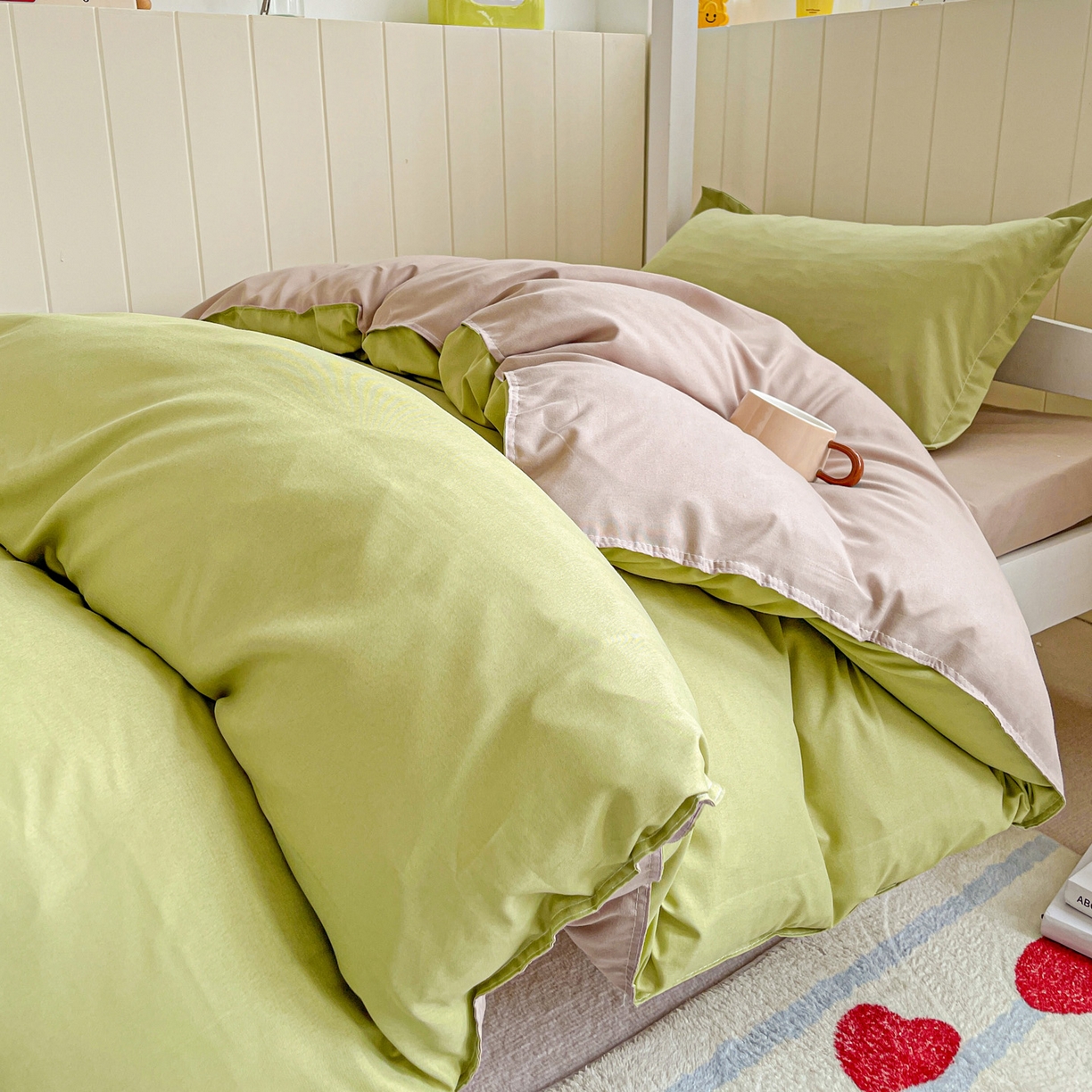 91家纺网 家纺一手货源 找家纺 楠沐家纺 2025新款芦荟棉印花学生宿舍上下铺四件套三件套 果绿浅驼