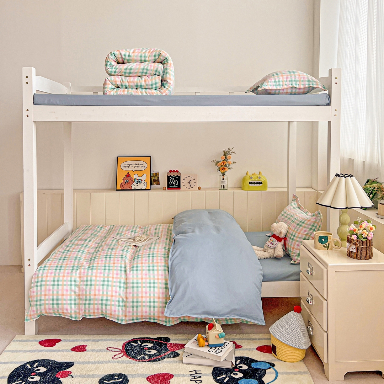 91家纺网 家纺一手货源 找家纺 楠沐家纺 2025新款芦荟棉印花学生宿舍上下铺四件套三件套 冰淇淋格