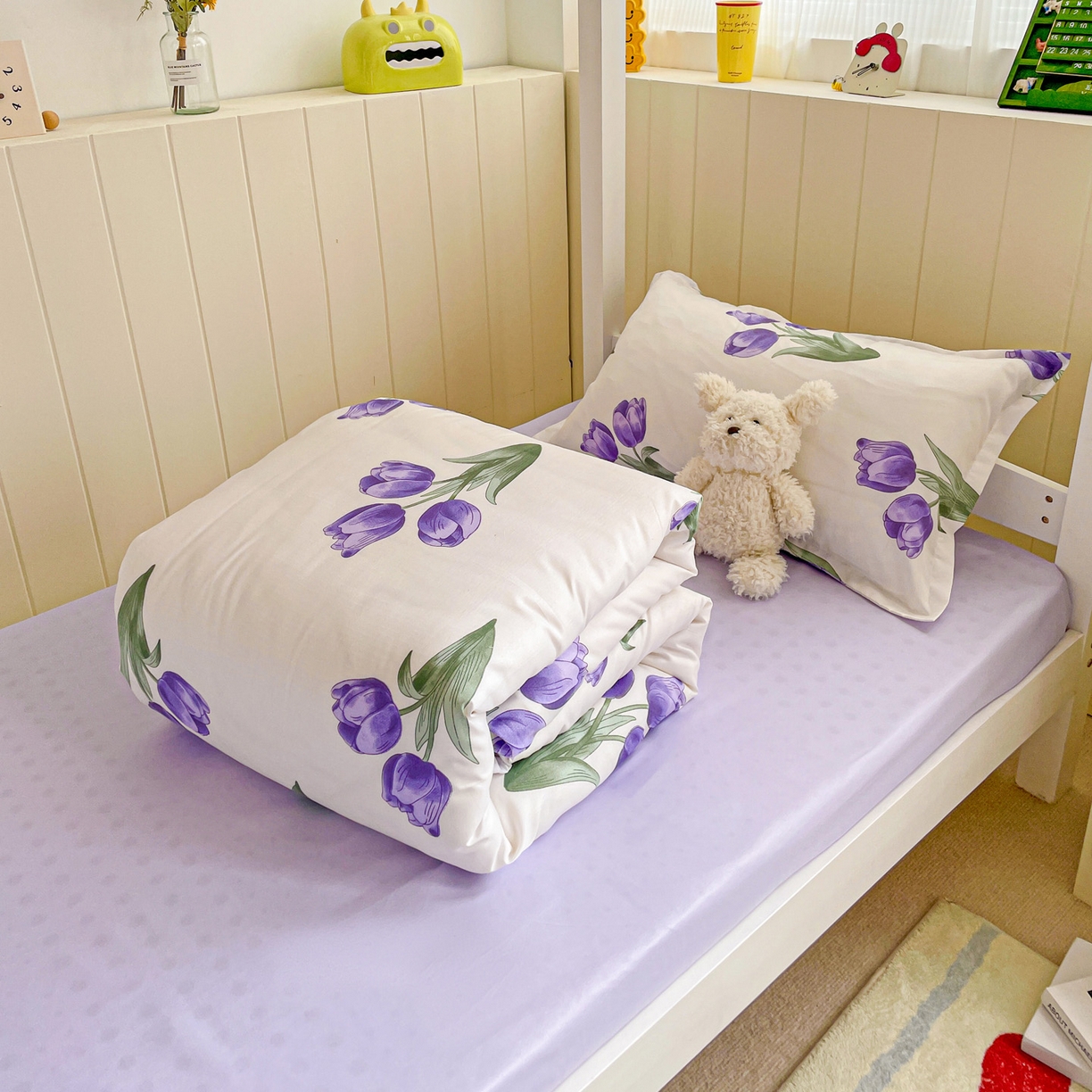 91家纺网 家纺一手货源 找家纺 楠沐家纺 2025新款芦荟棉印花学生宿舍上下铺四件套三件套 紫悦