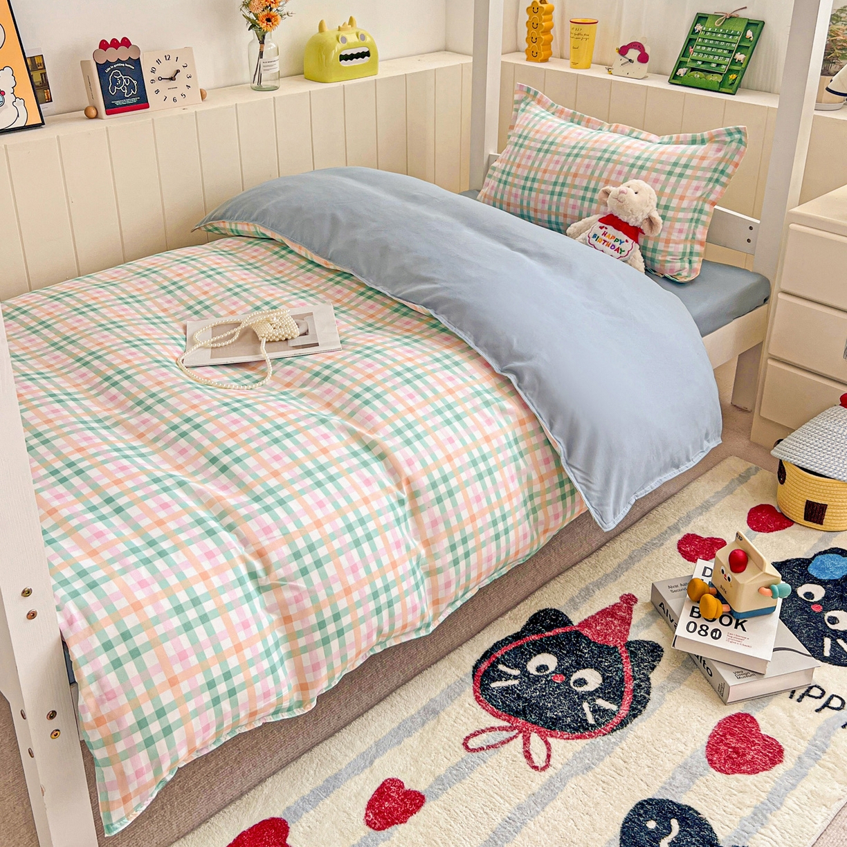 91家纺网 家纺一手货源 找家纺 楠沐家纺 2025新款芦荟棉印花学生宿舍上下铺四件套三件套 冰淇淋格