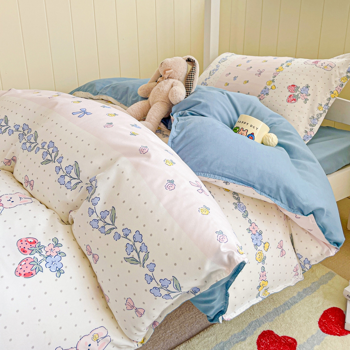 91家纺网 家纺一手货源 找家纺 楠沐家纺 2025新款芦荟棉印花学生宿舍上下铺四件套三件套 田园小兔