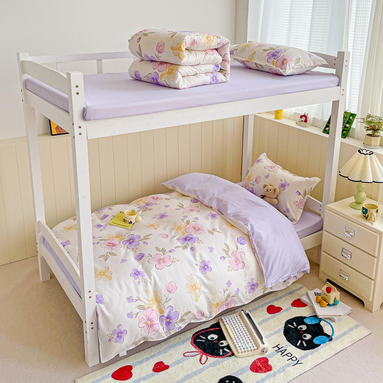 91家纺网 家纺一手货源 找家纺 楠沐家纺 2025新款芦荟棉印花学生宿舍上下铺四件套三件套 春田花卉