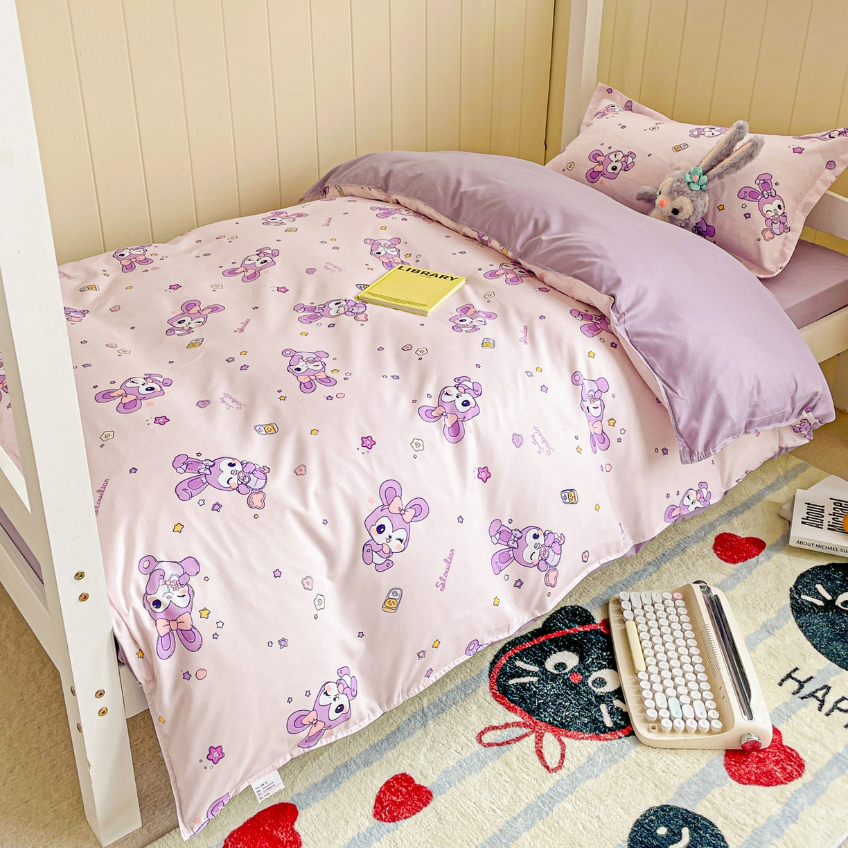 91家纺网 家纺一手货源 找家纺 楠沐家纺 2025新款芦荟棉印花学生宿舍上下铺四件套三件套 星星兔