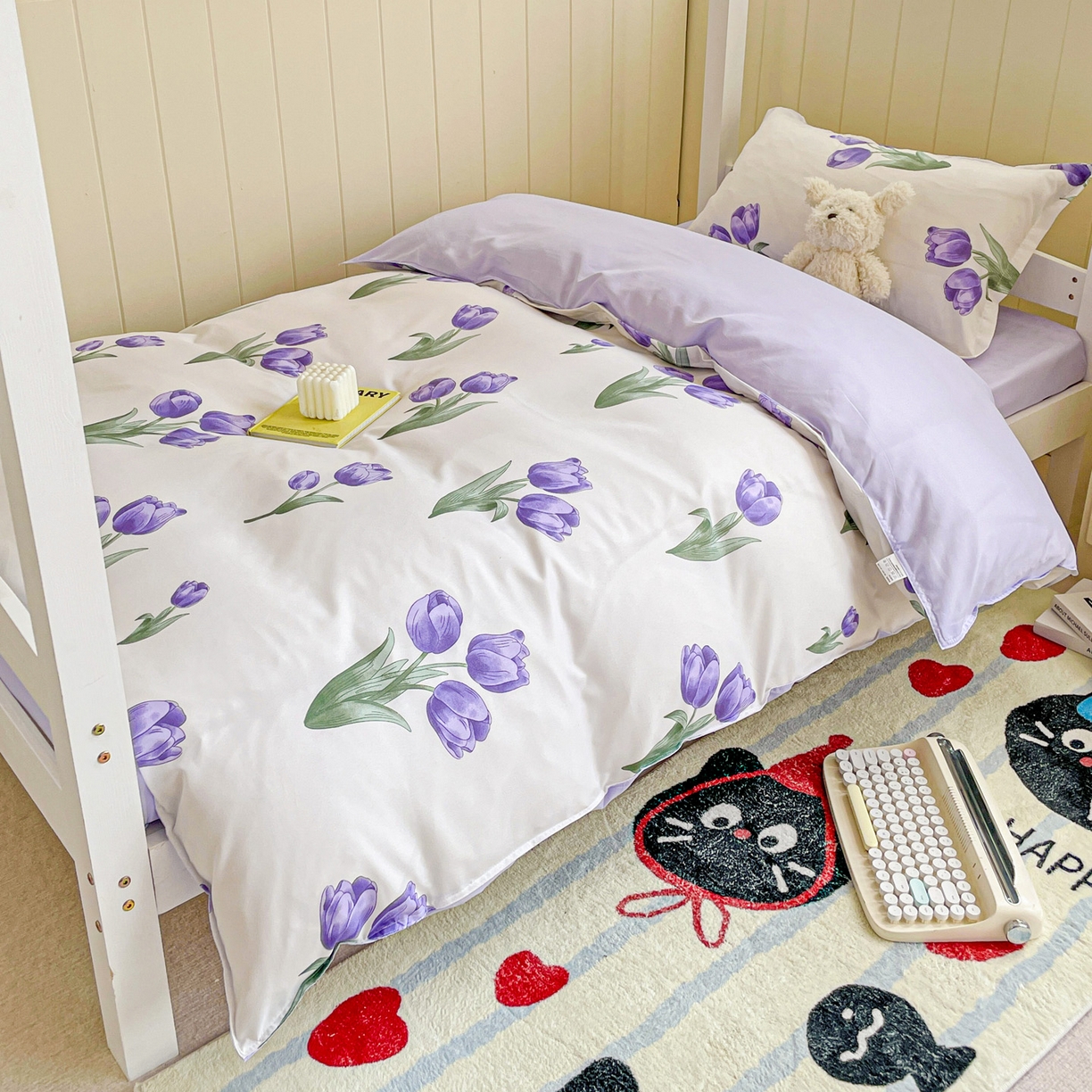 91家纺网 家纺一手货源 找家纺 楠沐家纺 2025新款芦荟棉印花学生宿舍上下铺四件套三件套 紫悦