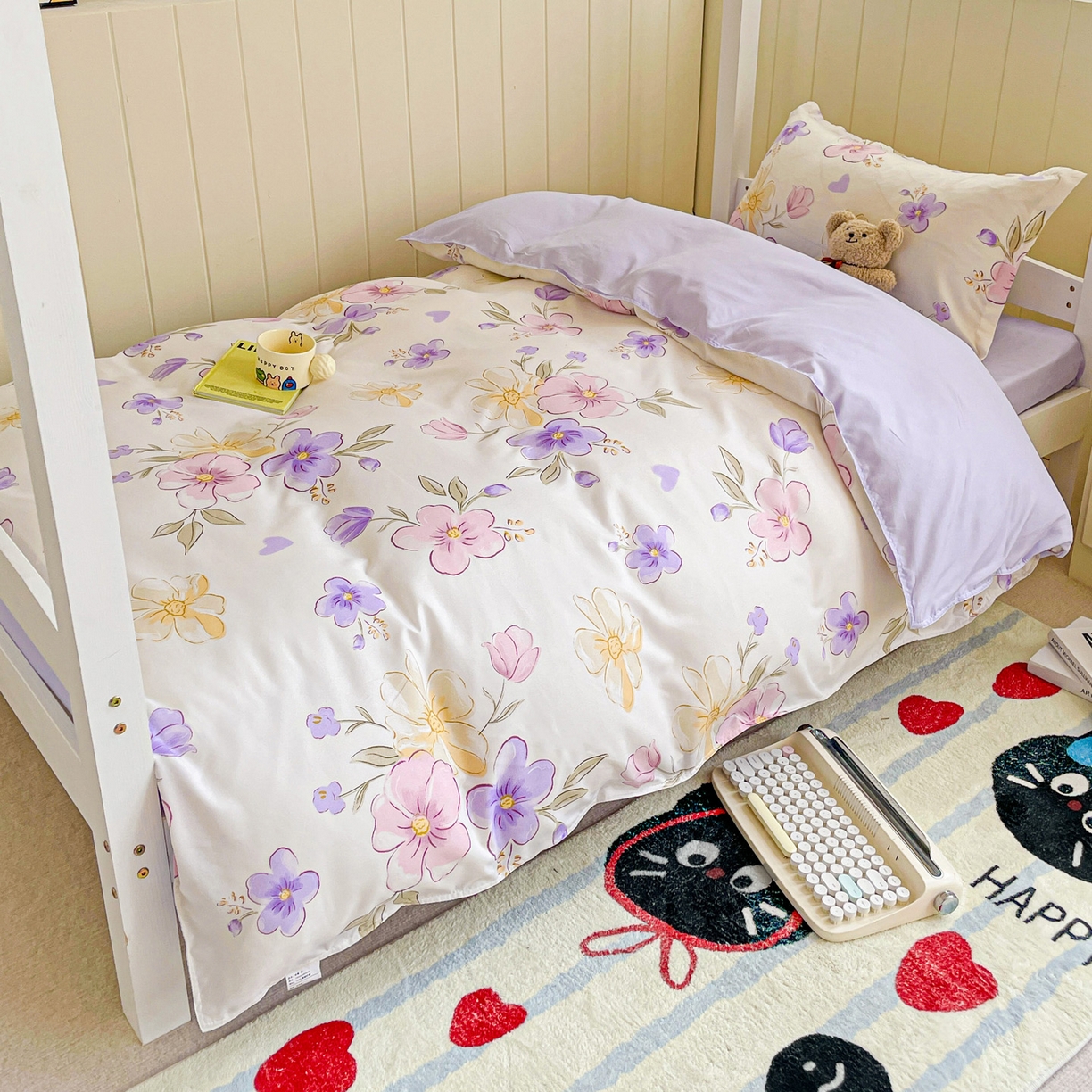 91家纺网 家纺一手货源 找家纺 楠沐家纺 2025新款芦荟棉印花学生宿舍上下铺四件套三件套 春田花卉