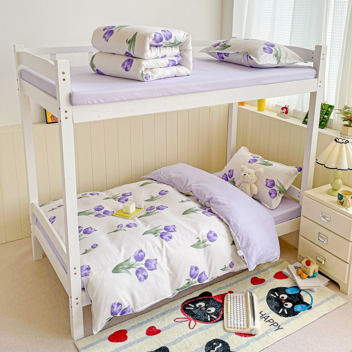 91家纺网 家纺一手货源 找家纺 楠沐家纺 2025新款芦荟棉印花学生宿舍上下铺四件套三件套 紫悦