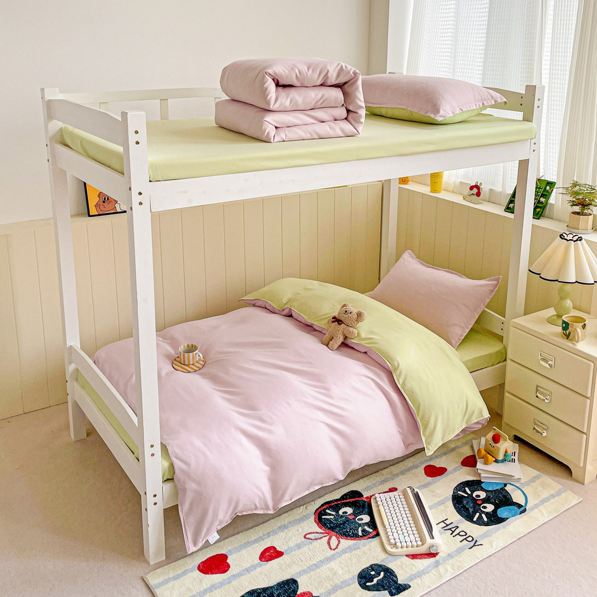 91家纺网 家纺一手货源 找家纺 楠沐家纺 2025新款芦荟棉印花学生宿舍上下铺四件套三件套 奶粉色泡泡绿