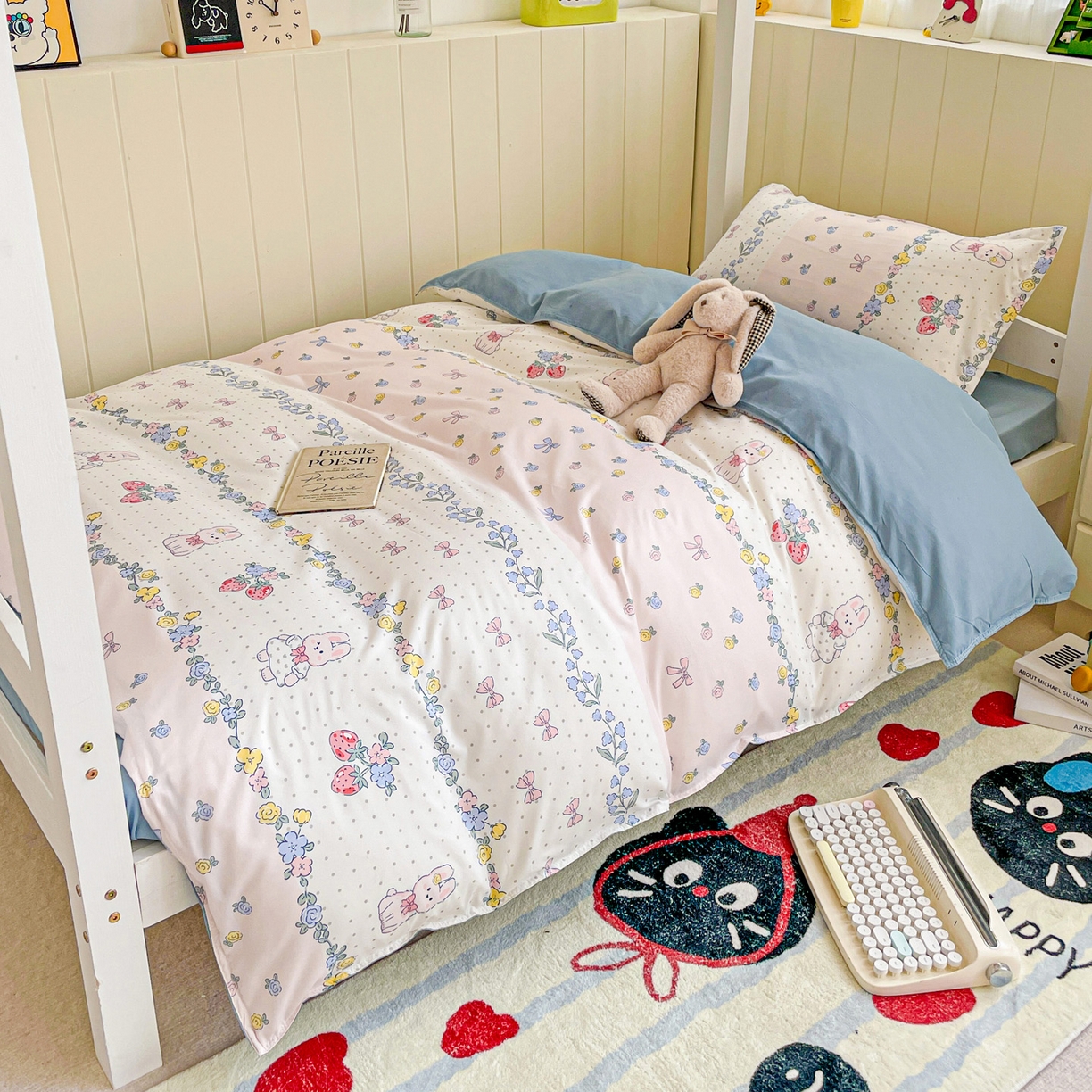 楠沐家纺 2025新款芦荟棉印花学生宿舍上下铺四件套三件套 田园小兔