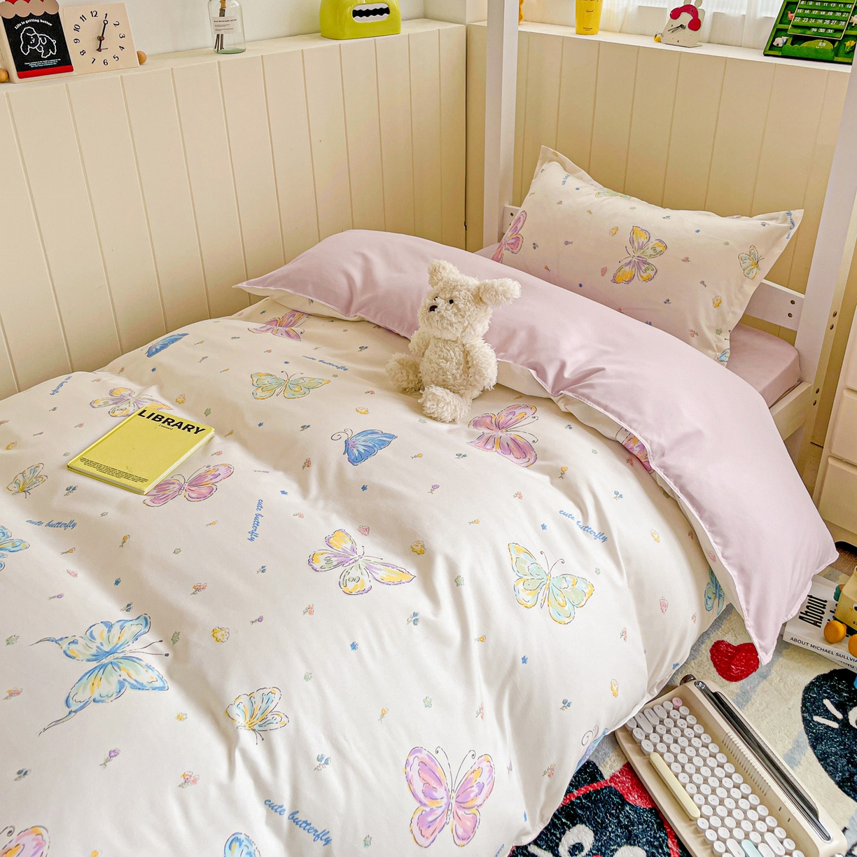 91家纺网 家纺一手货源 找家纺 楠沐家纺 2025新款芦荟棉印花学生宿舍上下铺四件套三件套 蝶舞仙子